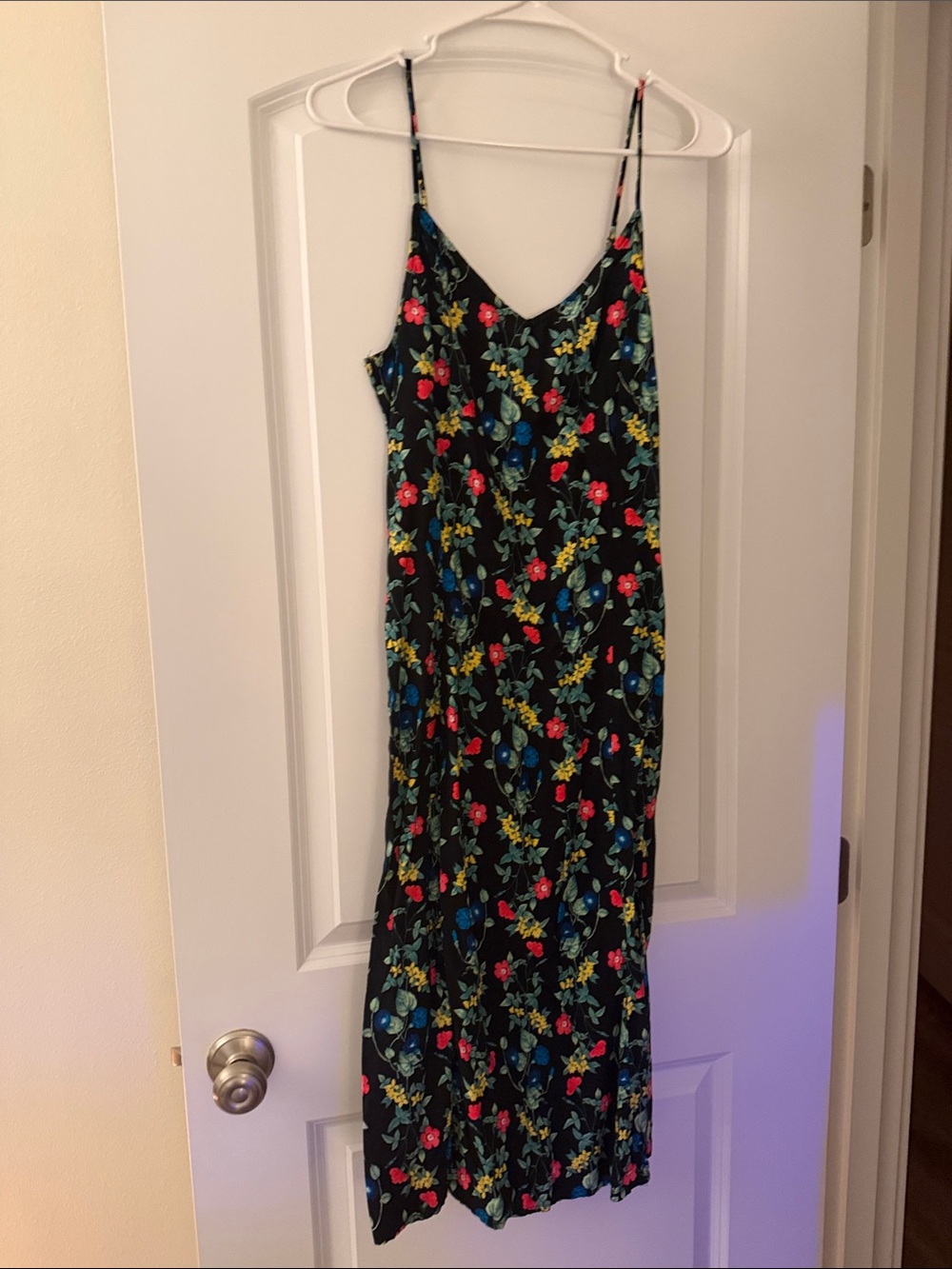Old Navy Black Floral Slip Midi Dress with Blue, Yellow & Red Blooms